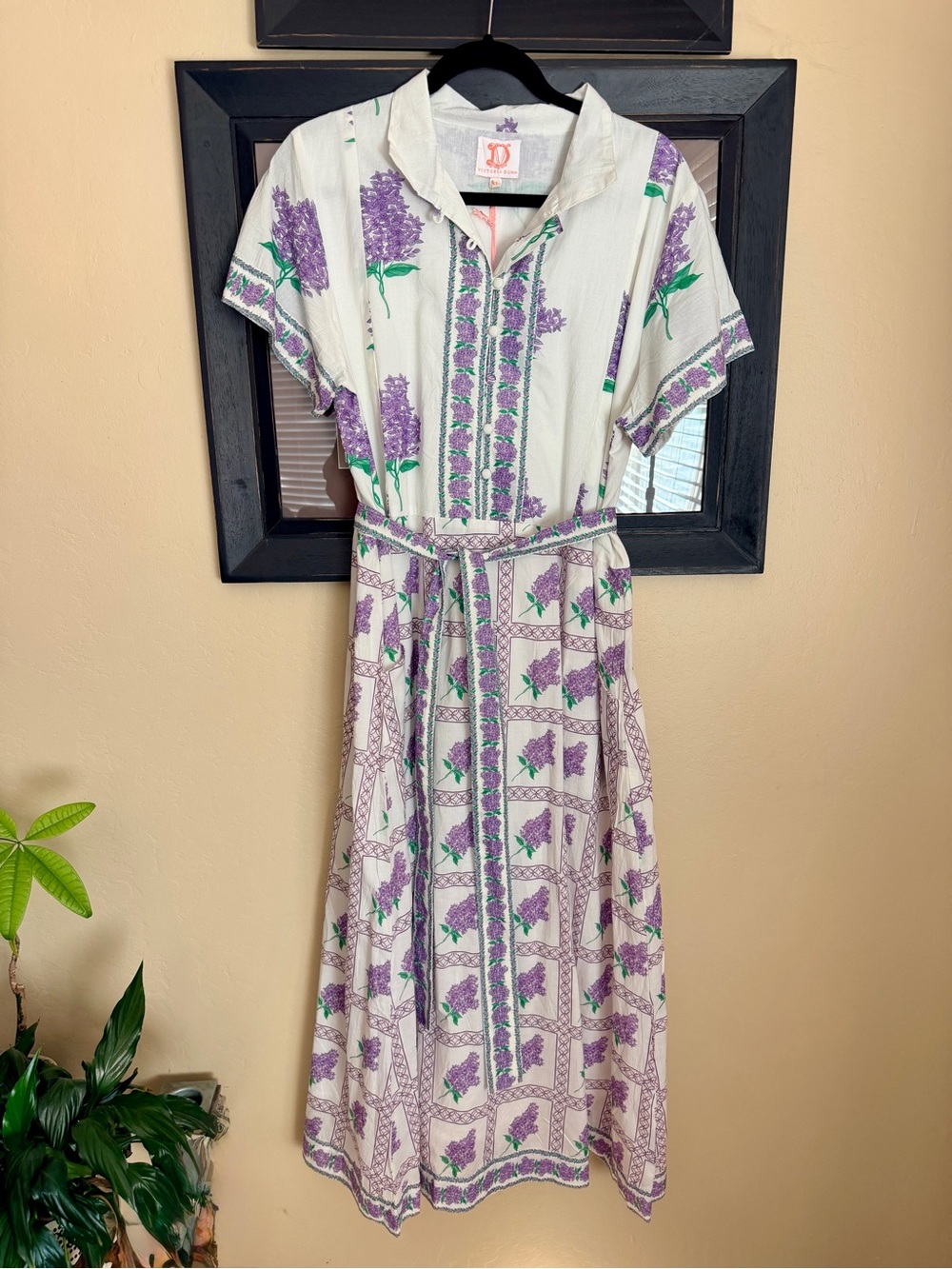 Victoria Dunn NWT XL Vintage-Inspired White and Purple Floral Midi Dress